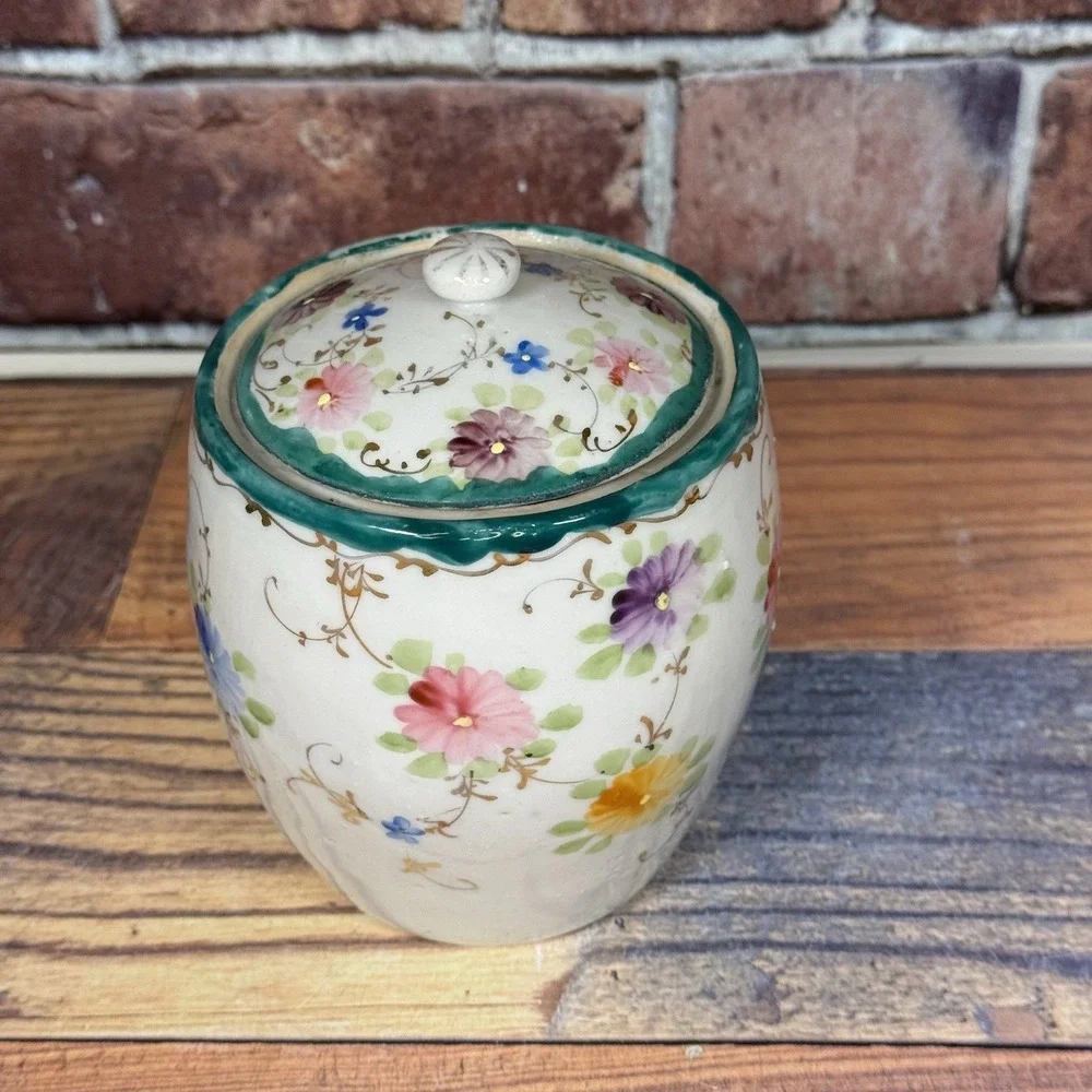 Antique Porcelain Biscuit/ Cookie Cracker Jar w‎ Lid Floral Hand-painted Kitschy